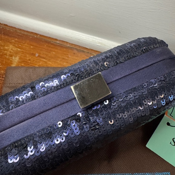 NWT Santi Navy Sequence and Satin Box Clutch Clam Shell Crossbody - Picture 9 of 10